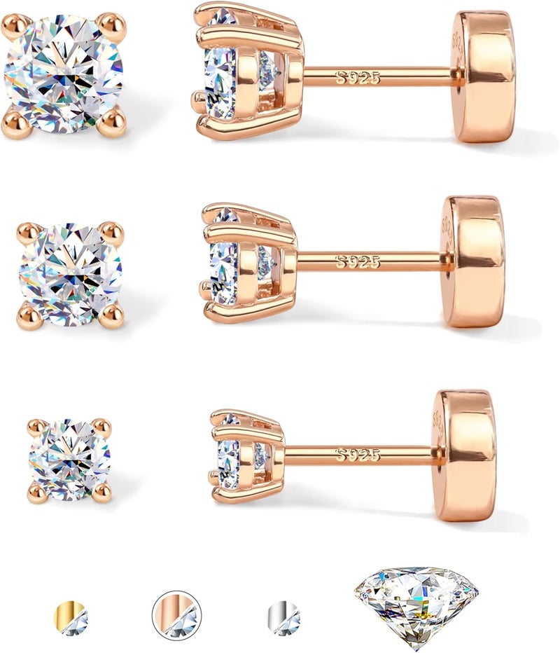 GEMQUEEN 3 Pairs Moissanite Earrings Studs 14K Gold Plated S925 Sterling Silver Flat Back Earring for Women Men - Hypoallergenic Set Cartilage Helix Piercing Jewelry Trendy Thanksgiving Christmas Gifts D Color VVS1 1.8CT - Image 1